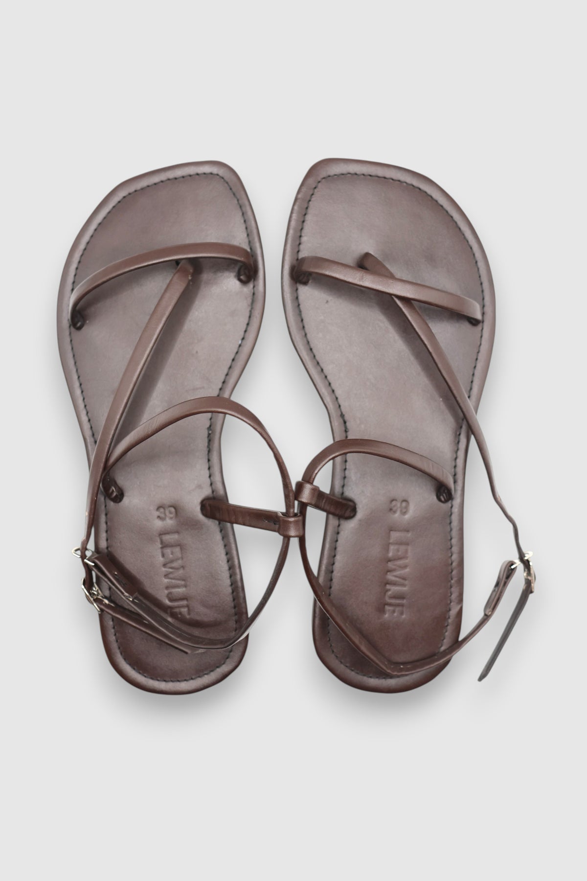 LEWIJE Bentota leather sandal in espresso brown, pair from above showing the crossing straps and ankle straps