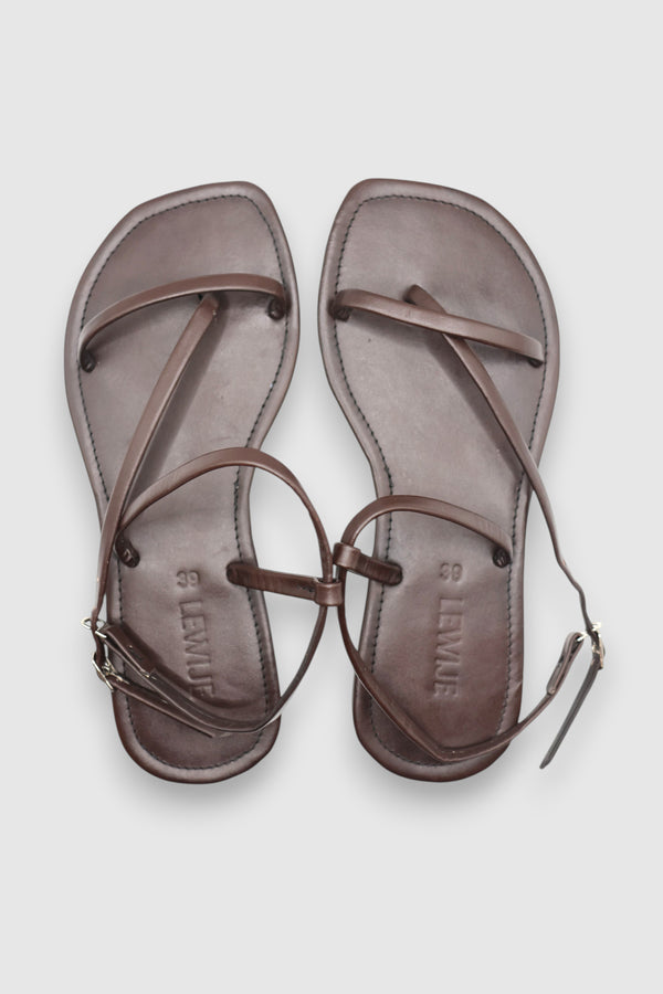 LEWIJE Bentota leather sandal in espresso brown, pair from above showing the crossing straps and ankle straps