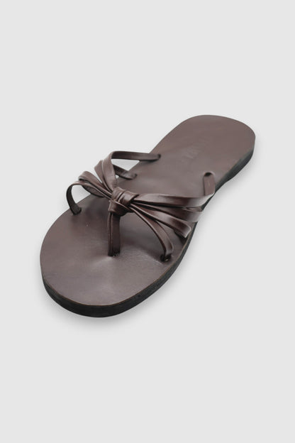LEWIJE Coogee leather sandal in espresso brown, single sandal from above showing the knotted straps