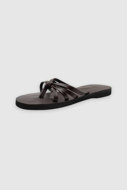 LEWIJE Coogee leather sandal in espresso brown, side view showing the straps and black sole