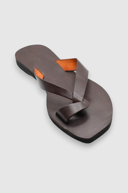 LEWIJE Unawatuna leather flip flop in espresso brown, single flip flop from above showing the toe ring and orange underside of the straps